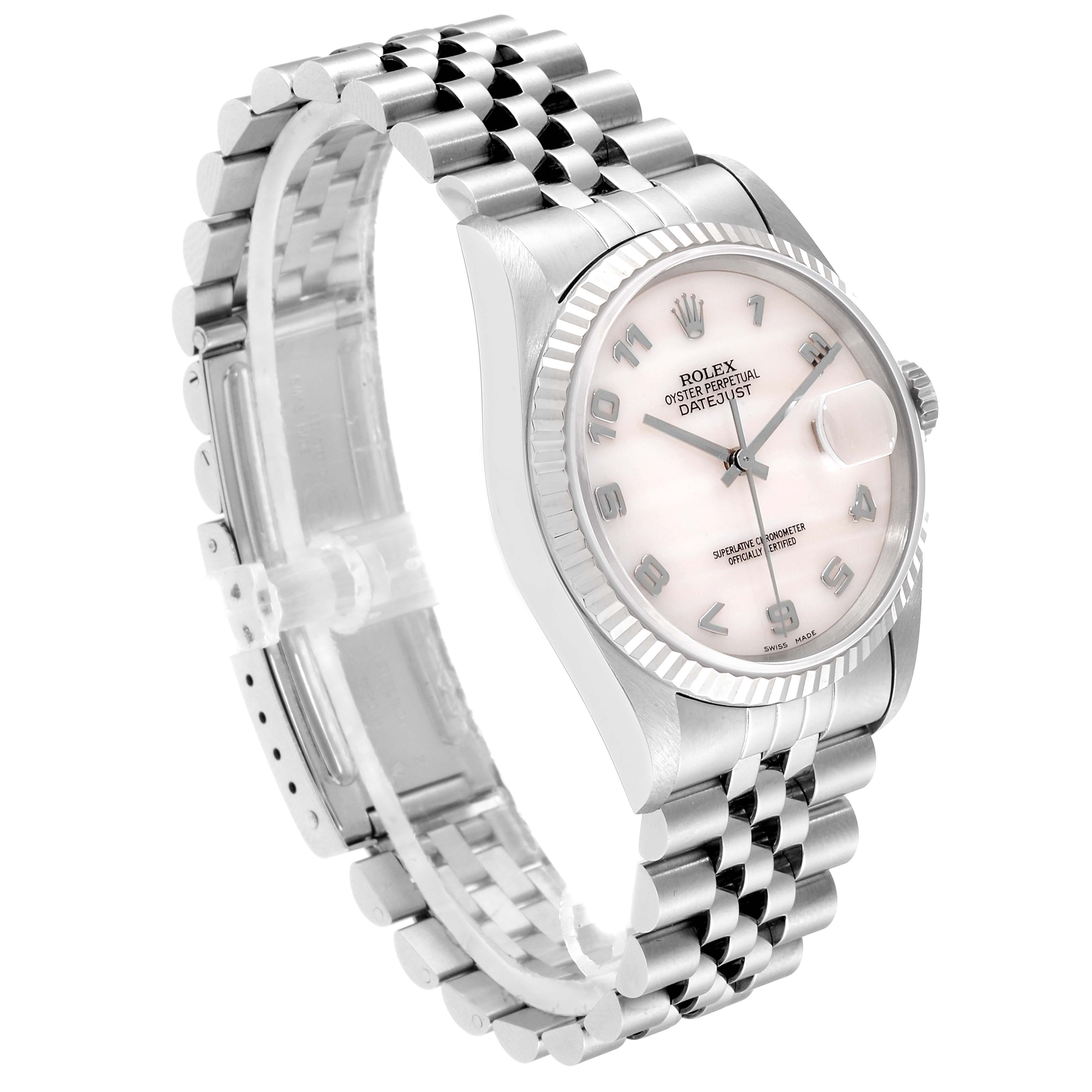 This image shows a Rolex Datejust 16234 Men's Stainless Steel Mother of Pearl Dial 16234 Men's Stainless Steel Mother of Pearl Dial watch angled from the front-left, highlighting its dial, bezel, case, and bracelet.