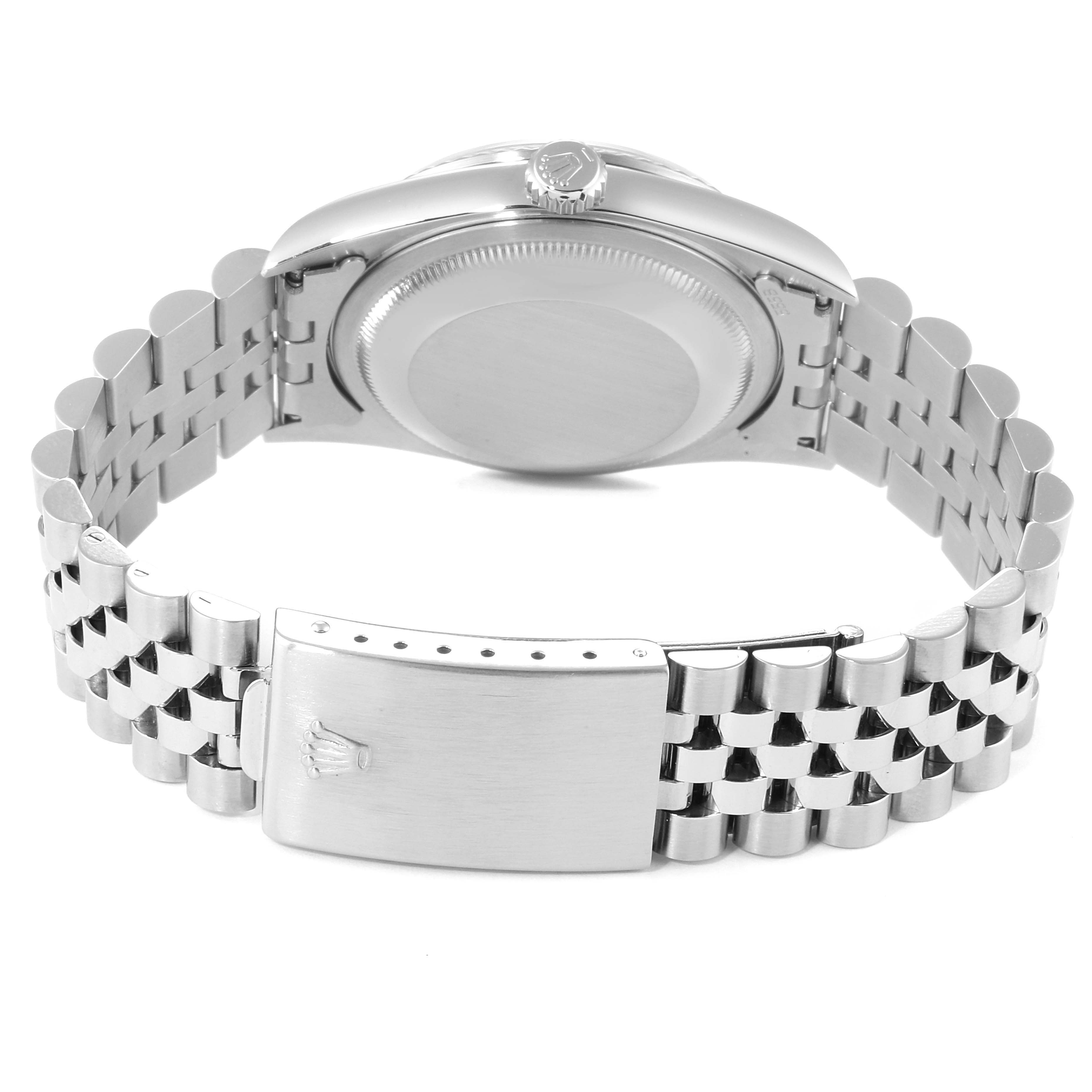 This image shows the back of a Rolex Datejust 16234 Men's Stainless Steel Mother of Pearl Dial 16234 Men's Stainless Steel Mother of Pearl Dial watch, highlighting its case back, crown, and Jubilee bracelet with clasp.