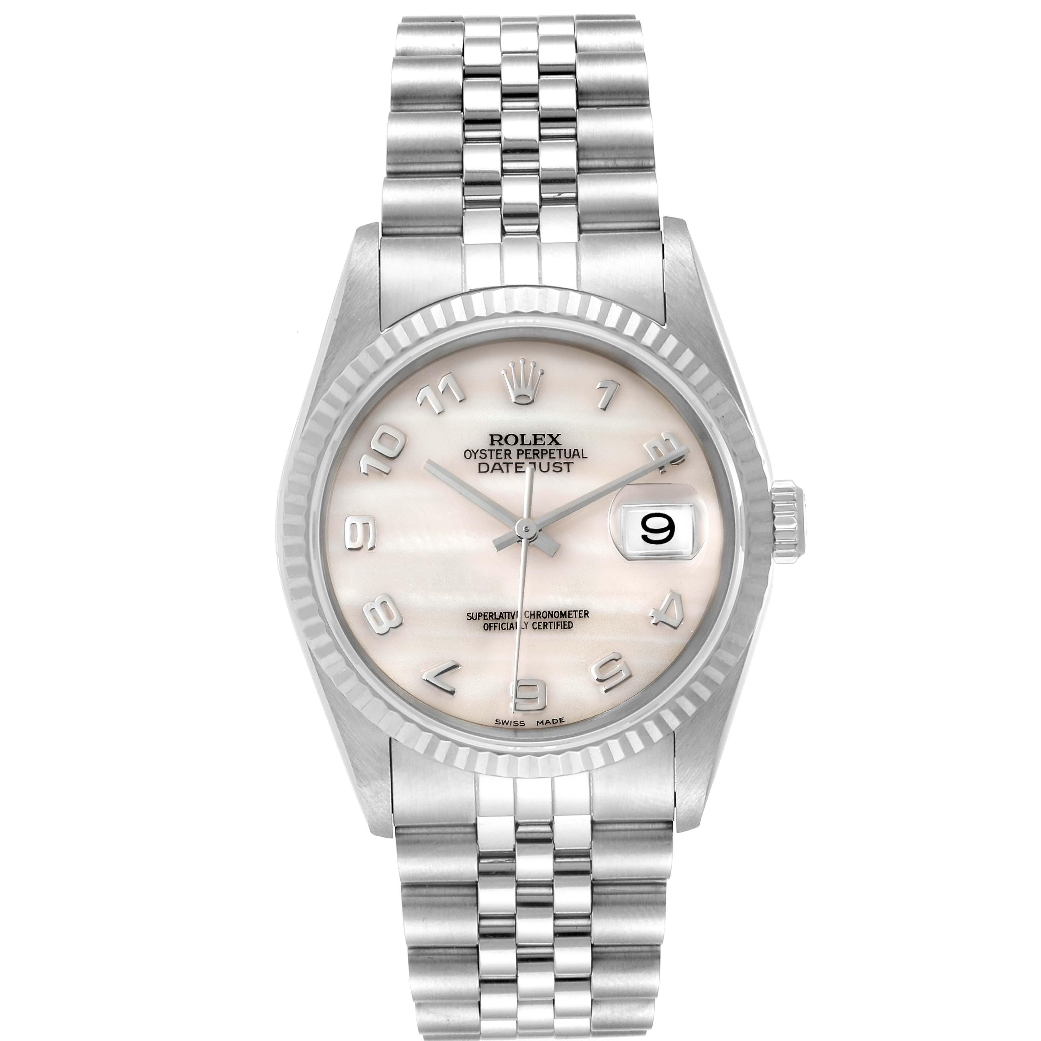 The image shows the front view of a Rolex Datejust 16234 Men's Stainless Steel Mother of Pearl Dial 16234 Men's Stainless Steel Mother of Pearl Dial watch, displaying the dial, bezel, crown, and metal bracelet.