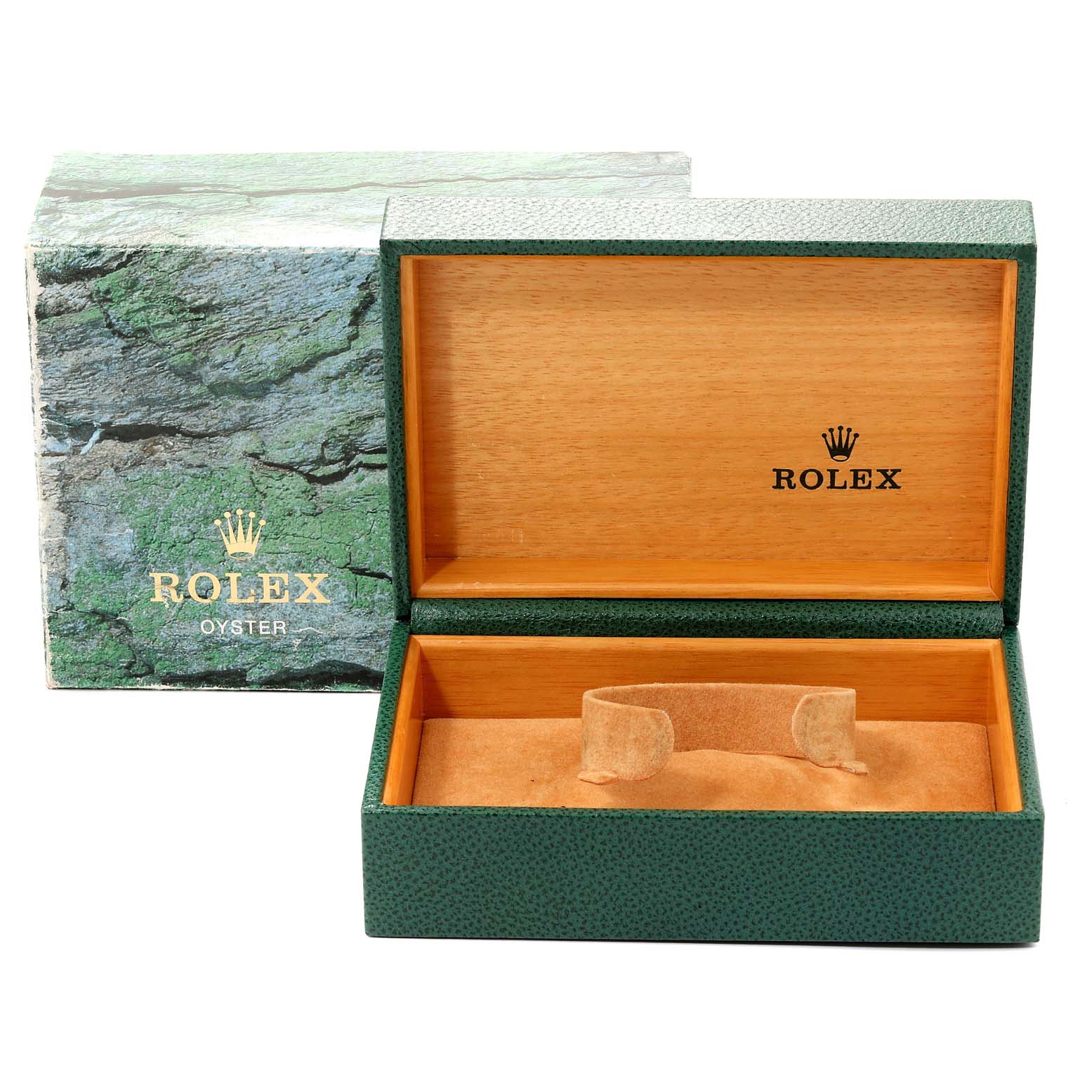 The image shows an open green and wooden Rolex Datejust 16234 Men's Stainless Steel Mother of Pearl Dial 16234 Men's Stainless Steel Mother of Pearl Dial watch box with the outer packaging in the background.