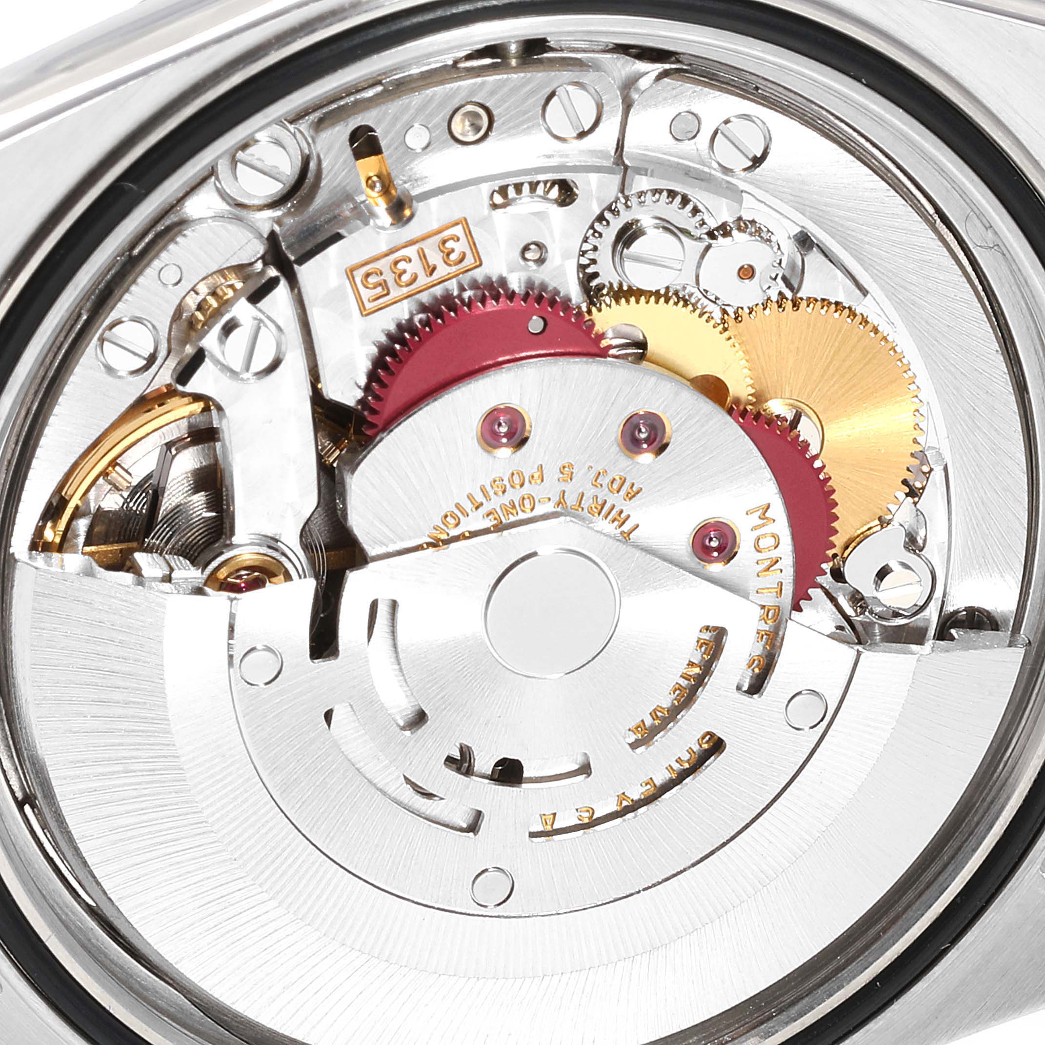 This image shows the movement mechanism from the Rolex Datejust 16234 Men's Stainless Steel Mother of Pearl Dial 16234 Men's Stainless Steel Mother of Pearl Dial model at a close-up angle.