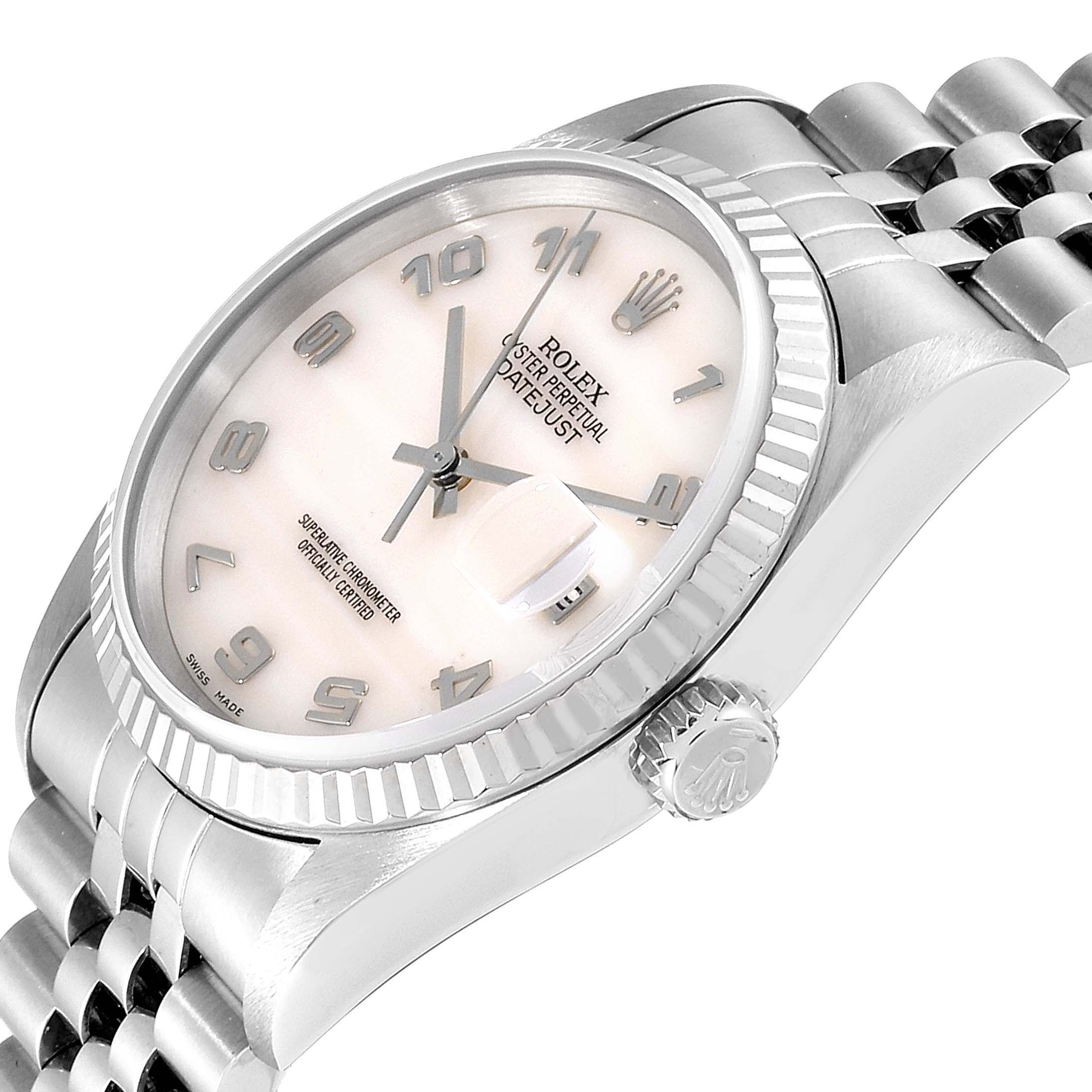 This image shows a Rolex Datejust 16234 Men's Stainless Steel Mother of Pearl Dial 16234 Men's Stainless Steel Mother of Pearl Dial watch at an oblique angle, highlighting the dial, case, bezel, and part of the bracelet.