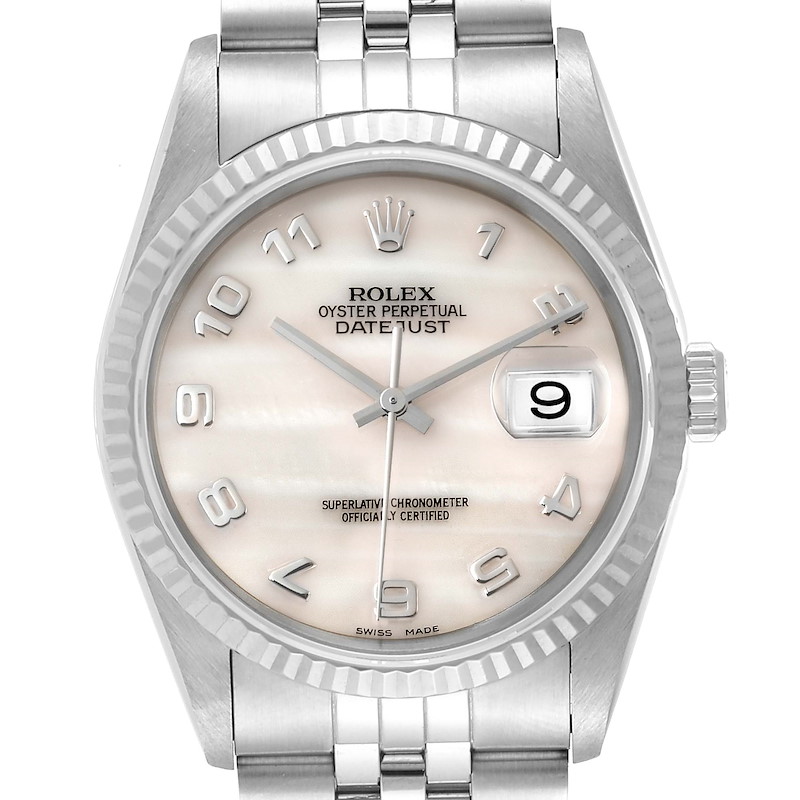 The image shows a close-up view of the Rolex Datejust 16234 Men's Stainless Steel Mother of Pearl Dial 16234 Men's Stainless Steel Mother of Pearl Dial watch face, bezel, and part of the bracelet.