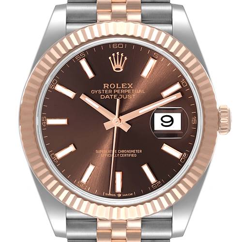 This image shows a front view of the Rolex Datejust 41 126331 Men's Steel and Gold (two tone) Brown Dial 126331 Men's Steel and Gold (two tone) Brown Dial model with a brown dial, fluted bezel, and two-tone bracelet.