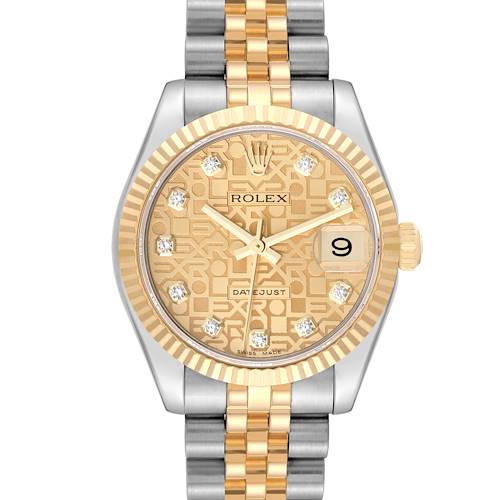 This image shows a front view of a Rolex Mid-Size 178273 Women's Steel and Gold (two tone) Champagne Dial 178273 Women's Steel and Gold (two tone) Champagne Dial watch, highlighting its face, bezel, and two-tone bracelet.