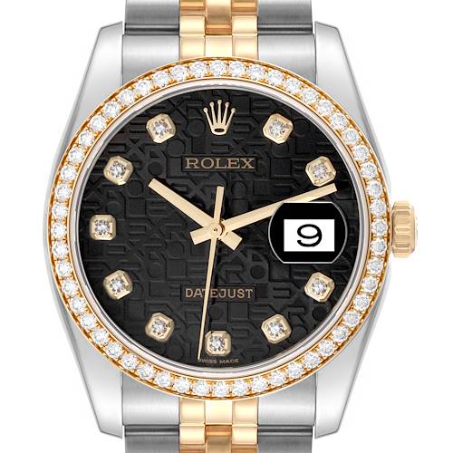 The image shows a Rolex Datejust 116243 Men's Steel and Gold (two tone) Black Dial 116243 Men's Steel and Gold (two tone) Black Dial watch's face and part of the bracelet, focusing on the dial, date window, and diamond accents.