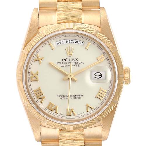 The image shows a front view of the Rolex President 18248 Men's Yellow Gold Beige Dial 18248 Men's Yellow Gold Beige Dial model watch, displaying the dial, day, and date features.