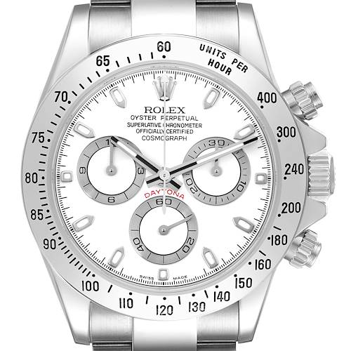The Rolex Daytona 116520 Men's Stainless Steel White Dial watch is shown from the front, displaying the dial, bezel, pushers, and crown.