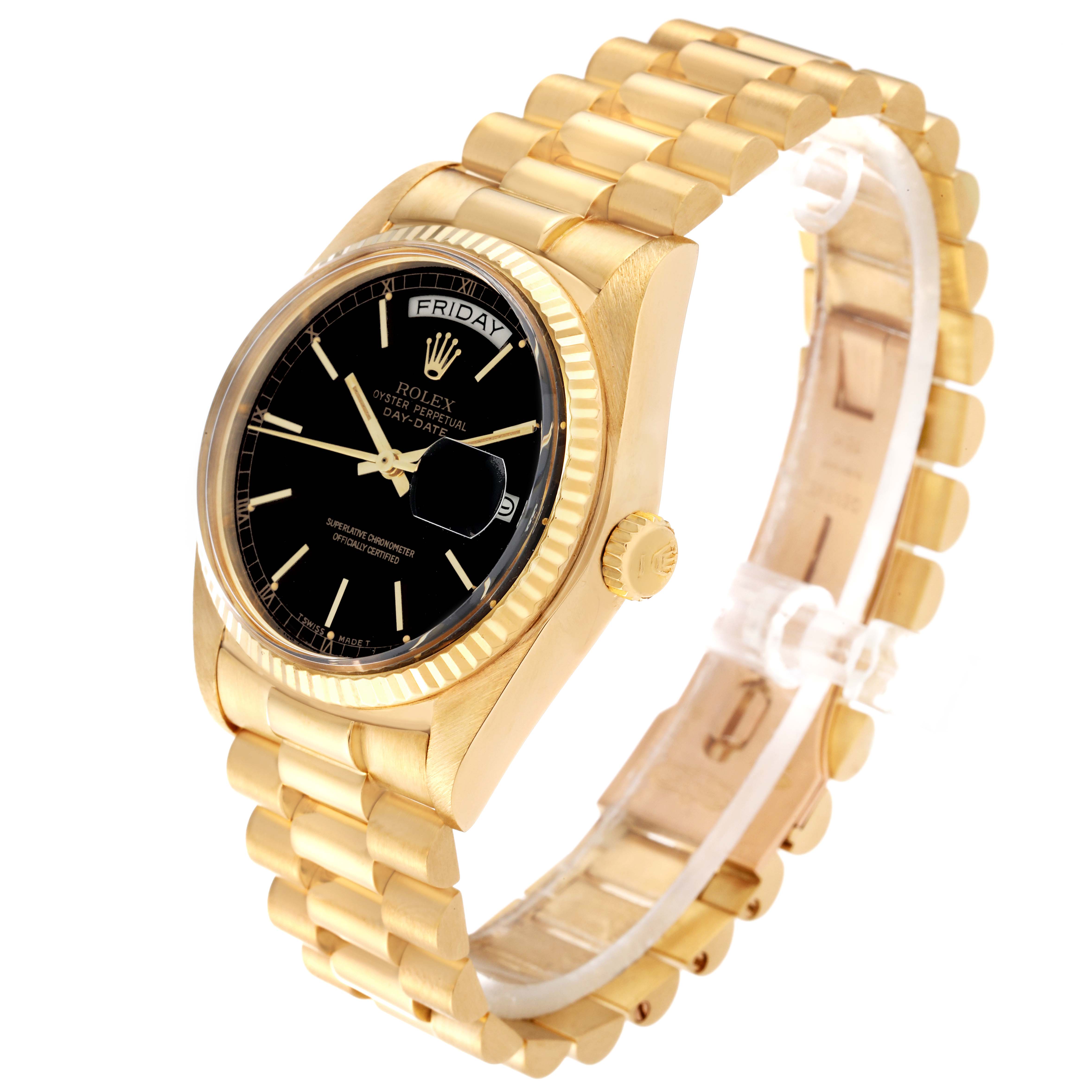 This Rolex President 18038 Men's Yellow Gold Black Dial 18038 Men's Yellow Gold Black Dial model watch is shown at a three-quarter angle, featuring its bracelet, crown, and black dial.