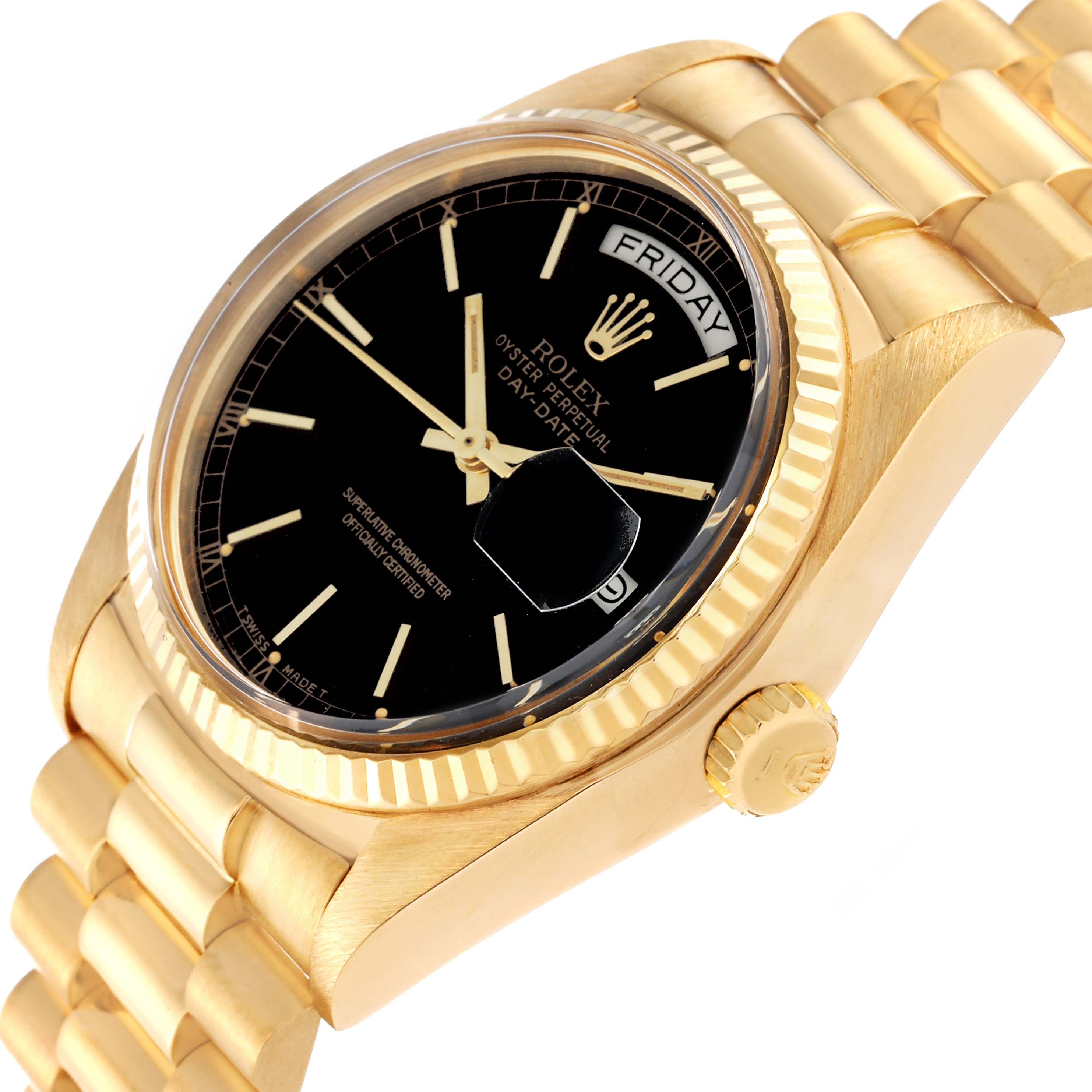 This image shows a Rolex President 18038 Men's Yellow Gold Black Dial 18038 Men's Yellow Gold Black Dial model watch at an angled view, highlighting the black dial, gold case, bezel, crown, and bracelet.