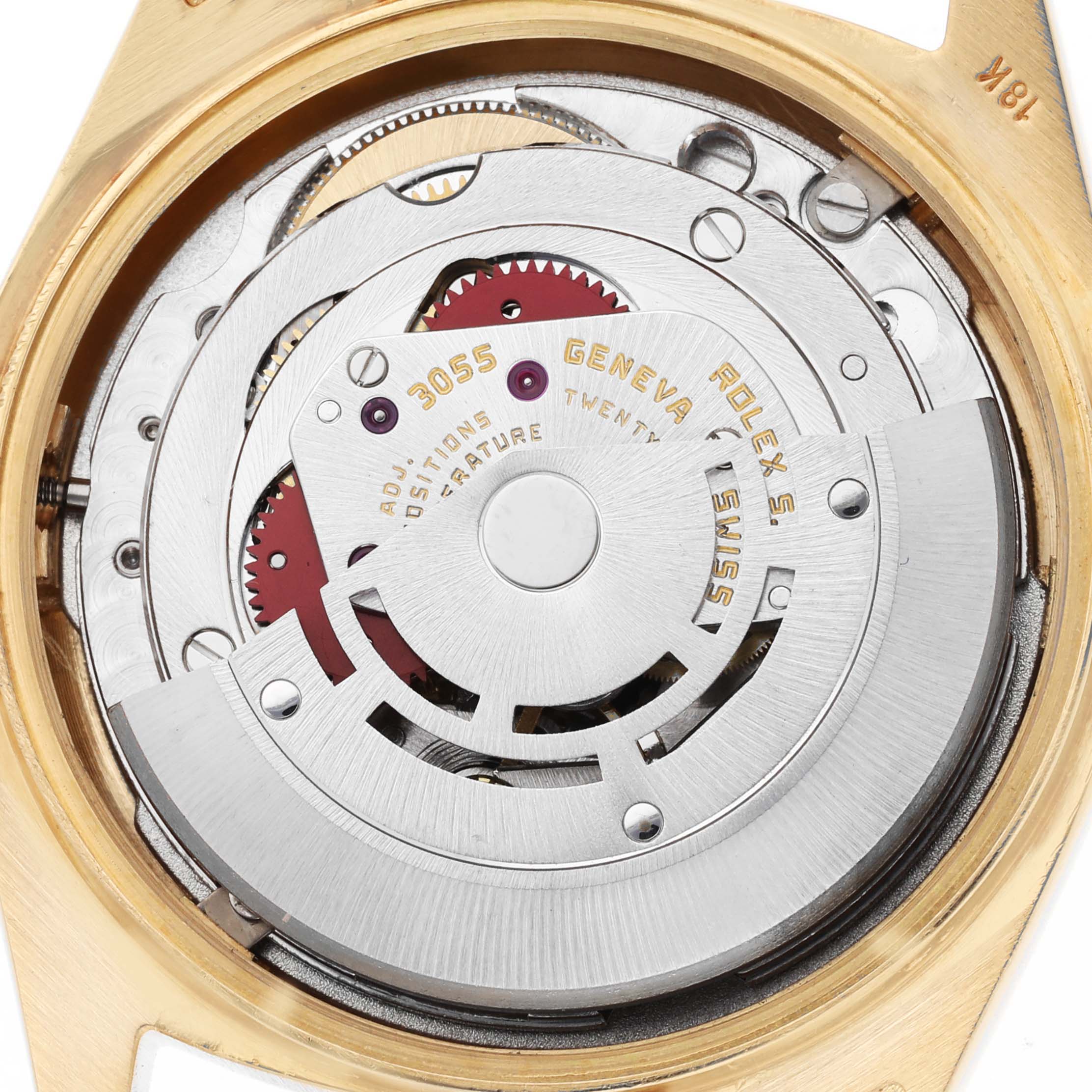 This image shows the internal movement mechanism of a Rolex President 18038 Men's Yellow Gold Black Dial 18038 Men's Yellow Gold Black Dial model watch, specifically the 3055 caliber.