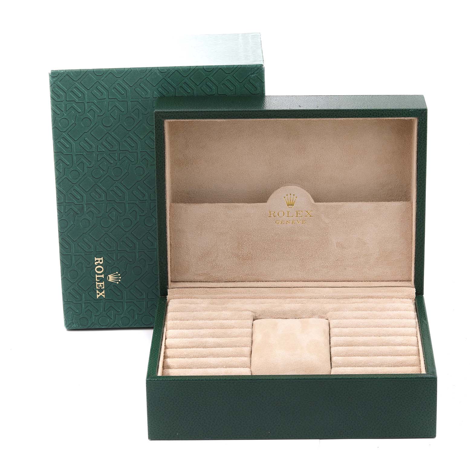 The image shows an open Rolex President 18038 Men's Yellow Gold Black Dial 18038 Men's Yellow Gold Black Dial model watch box, featuring the branded inner padding and Rolex signature details.