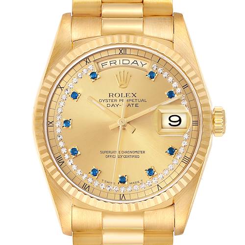 The Rolex President 18238 Men's Yellow Gold Champagne Dial model is shown from a top-down angle, featuring the dial, day-date window, bracelet, and bezel.