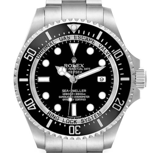 The Rolex Sea-Dweller 116660 Men's Stainless Steel Black Dial watch is shown from the front, featuring its dial, bezel, and part of the bracelet.