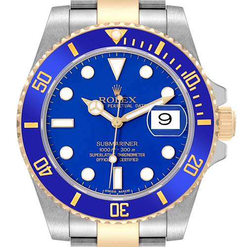 The image shows a front view of the Rolex Submariner 116613 Men's Steel and Gold (two tone) Blue Dial 116613 Men's Steel and Gold (two tone) Blue Dial, highlighting its blue dial, bezel, and date window.