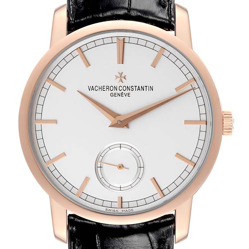 The Vacheron Constantin Traditionnelle 82172/000R-9412 Men's Rose Gold Silver Dial 82172/000R-9412 Men's Rose Gold Silver Dial watch is shown from a frontal angle, displaying its dial, hands, and part of its strap.