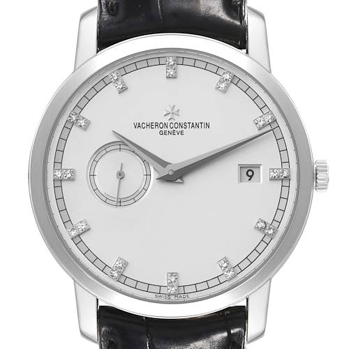 This is a front view of the Vacheron Constantin Traditionnelle 87172/000G-9601 Men's White Gold Silver Dial 87172/000G-9601 Men's White Gold Silver Dial watch, showcasing its face, dial, and hour markers.