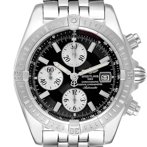 The image shows a front view of a Breitling Chronomat A13356 Men's Stainless Steel Black Dial watch with visible dial, bezel, and chronograph sub-dials.