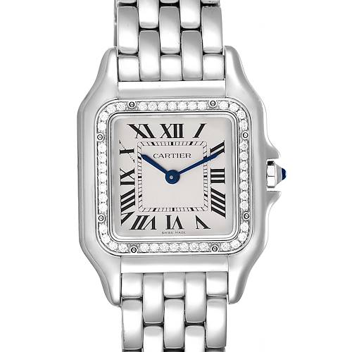 The Cartier Panthere W4PN0008 Women's Stainless Steel Silver Dial W4PN0008 Women's Stainless Steel Silver Dial watch is shown from the front, highlighting its square face, Roman numerals, and metal bracelet.