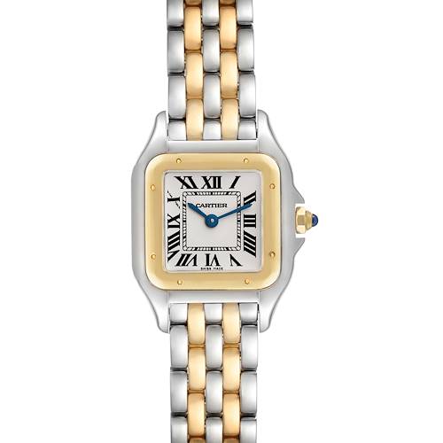 The image shows a front view of the Cartier Panthere W2PN0006 Women's Steel and Gold (two tone) Silver Dial W2PN0006 Women's Steel and Gold (two tone) Silver Dial watch, highlighting its face and two-tone bracelet.