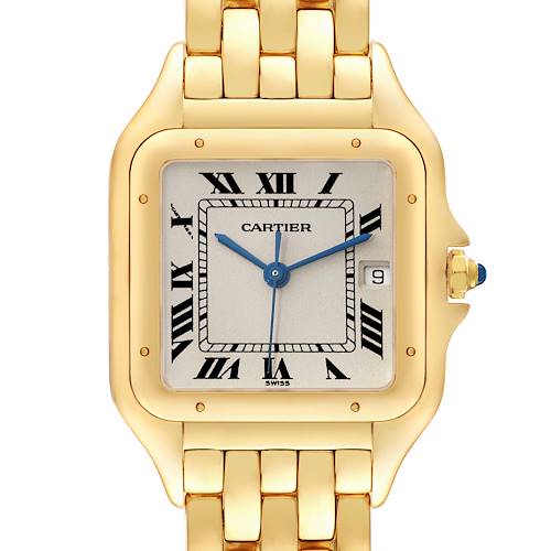 This image shows a front view of the Cartier Panthere W25014B9 Men's Yellow Gold Silver Dial W25014B9 Men's Yellow Gold Silver Dial watch, displaying its dial, bezel, and part of the bracelet.