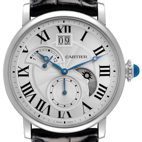 The Cartier Rotonde W1556368 Men's Stainless Steel Silver Dial watch is shown from the front, displaying its dial, Roman numerals, sub-dials, and blue hands.