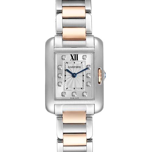 This image shows a full frontal view of the Cartier Tank Anglaise WT100024 Women's Steel and Gold (two tone) Silver Dial WT100024 Women's Steel and Gold (two tone) Silver Dial watch, highlighting its face and two-tone bracelet.
