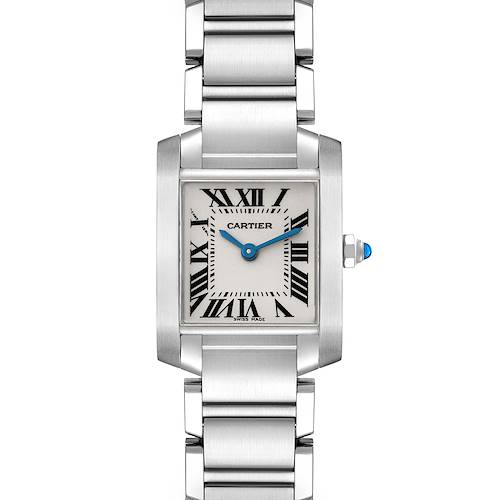 The image shows a Cartier Tank Francaise W51008Q3 Women's Stainless Steel Silver Dial W51008Q3 Women's Stainless Steel Silver Dial watch with a full frontal view of the face and a portion of the metal bracelet.