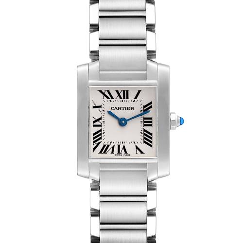 The Cartier Tank Francaise W51008Q3 Women's Stainless Steel Silver Dial W51008Q3 Women's Stainless Steel Silver Dial watch is shown from a front angle, displaying the square dial, Roman numerals, and stainless steel bracelet.