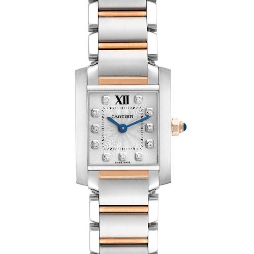 The image shows a front view of a Cartier Tank Francaise WE110004 Women's Steel and Gold (two tone) Silver Dial WE110004 Women's Steel and Gold (two tone) Silver Dial watch, featuring a two-tone bracelet and diamond markers.