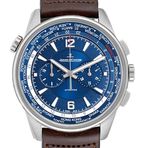 The image shows a front view of the Jaeger-LeCoultre Polaris watch, highlighting its blue dial, world time bezel, and brown leather strap.