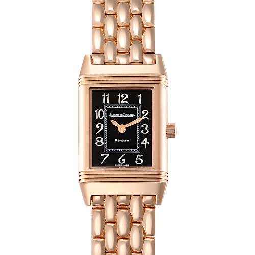 The image shows a head-on view of the Jaeger-LeCoultre Reverso watch, highlighting its rectangular face, dial, and metal bracelet.