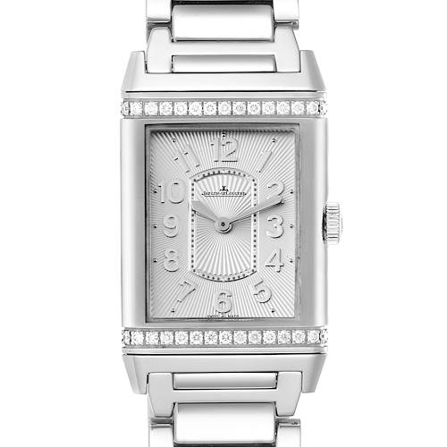 The image shows a frontal view of a Jaeger LeCoultre Reverso Q3208121 Women's Stainless Steel Silver Dial Q3208121 Women's Stainless Steel Silver Dial watch, including the dial, hands, bezel, and part of the bracelet.