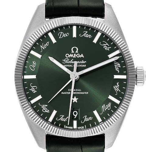 The image shows a close-up of the Omega Constellation 130.33.41.22.10.001 Men's Stainless Steel Green Dial 130.33.41.22.10.001 Men's Stainless Steel Green Dial Globemaster Annual Calendar watch face and bezel.