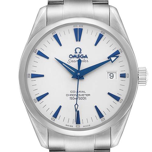 The Omega Seamaster 2503.33.00 Men's Stainless Steel White Dial watch is shown from the front, highlighting its dial, hands, bezel, crown, and part of the bracelet.