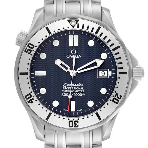 The Omega Seamaster 2532.80.00 Men's Stainless Steel Blue Dial watch is shown from a front angle, highlighting its bezel, dial, and stainless steel bracelet.