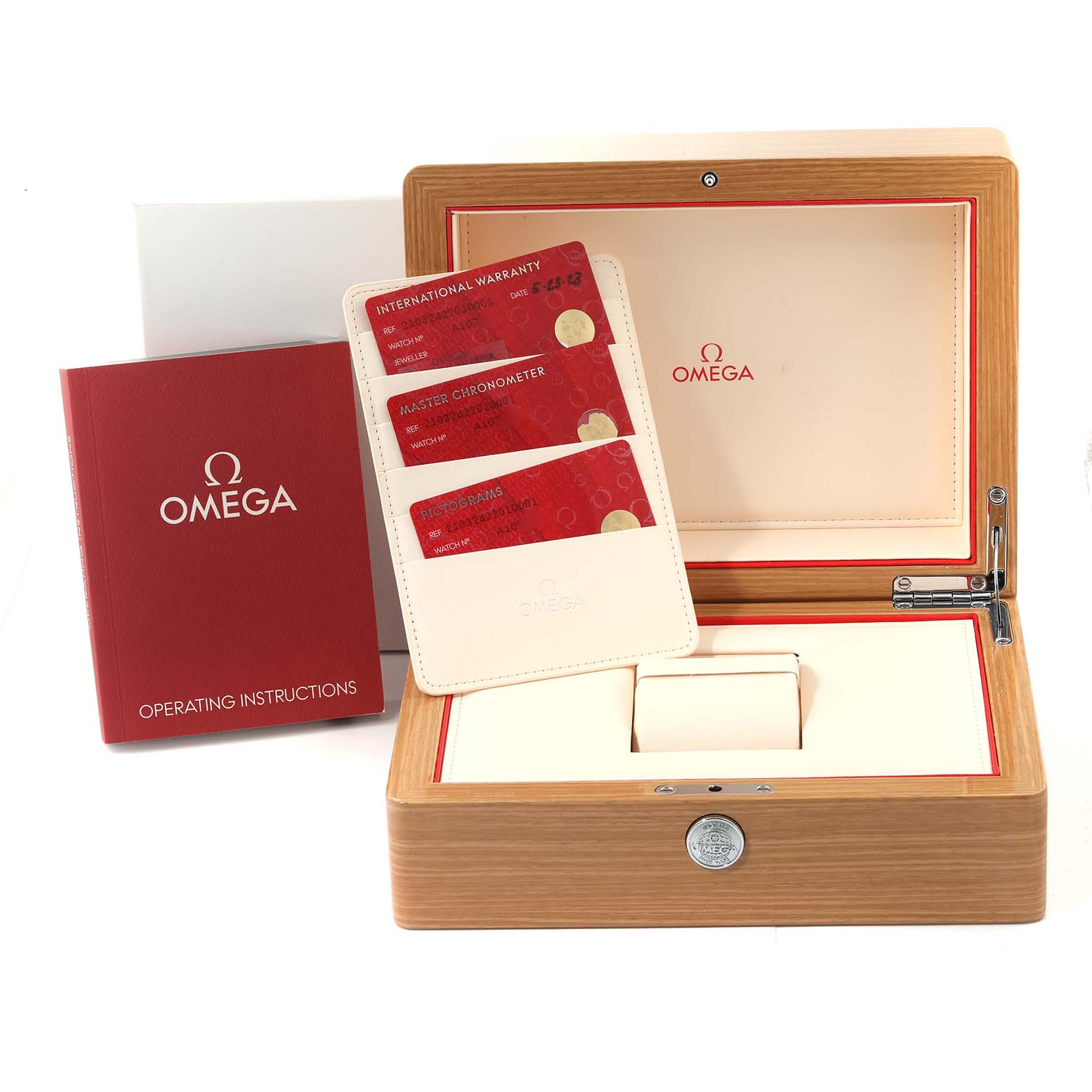 The image shows an Omega Seamaster 210.32.42.20.10.001 Men's Stainless Steel Green Dial 210.32.42.20.10.001 Men's Stainless Steel Green Dial watch box, warranty cards, and operating instructions from a front angle.