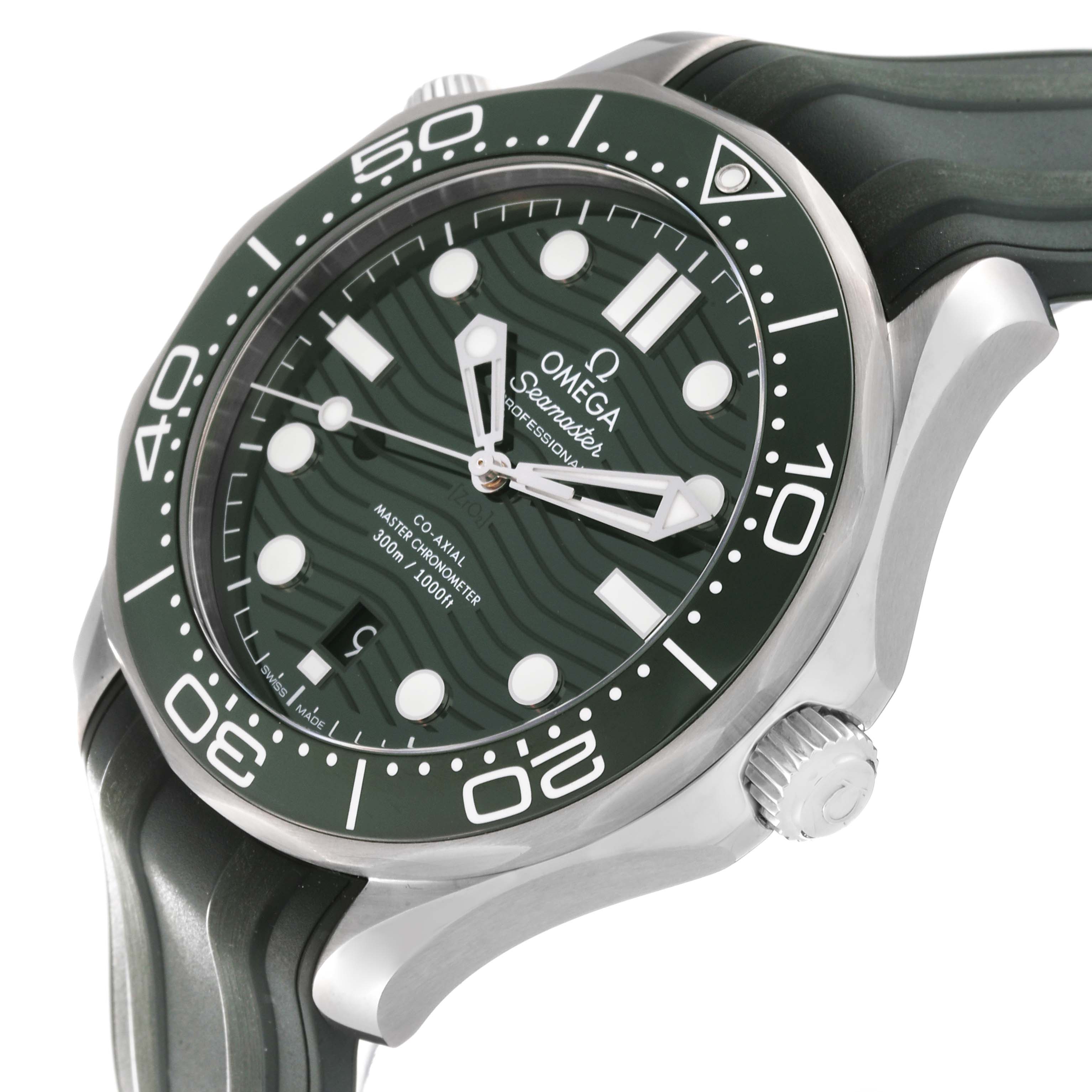 The image shows an angled view of the Omega Seamaster 210.32.42.20.10.001 Men's Stainless Steel Green Dial 210.32.42.20.10.001 Men's Stainless Steel Green Dial watch, highlighting the bezel, dial, hands, strap, and crown.