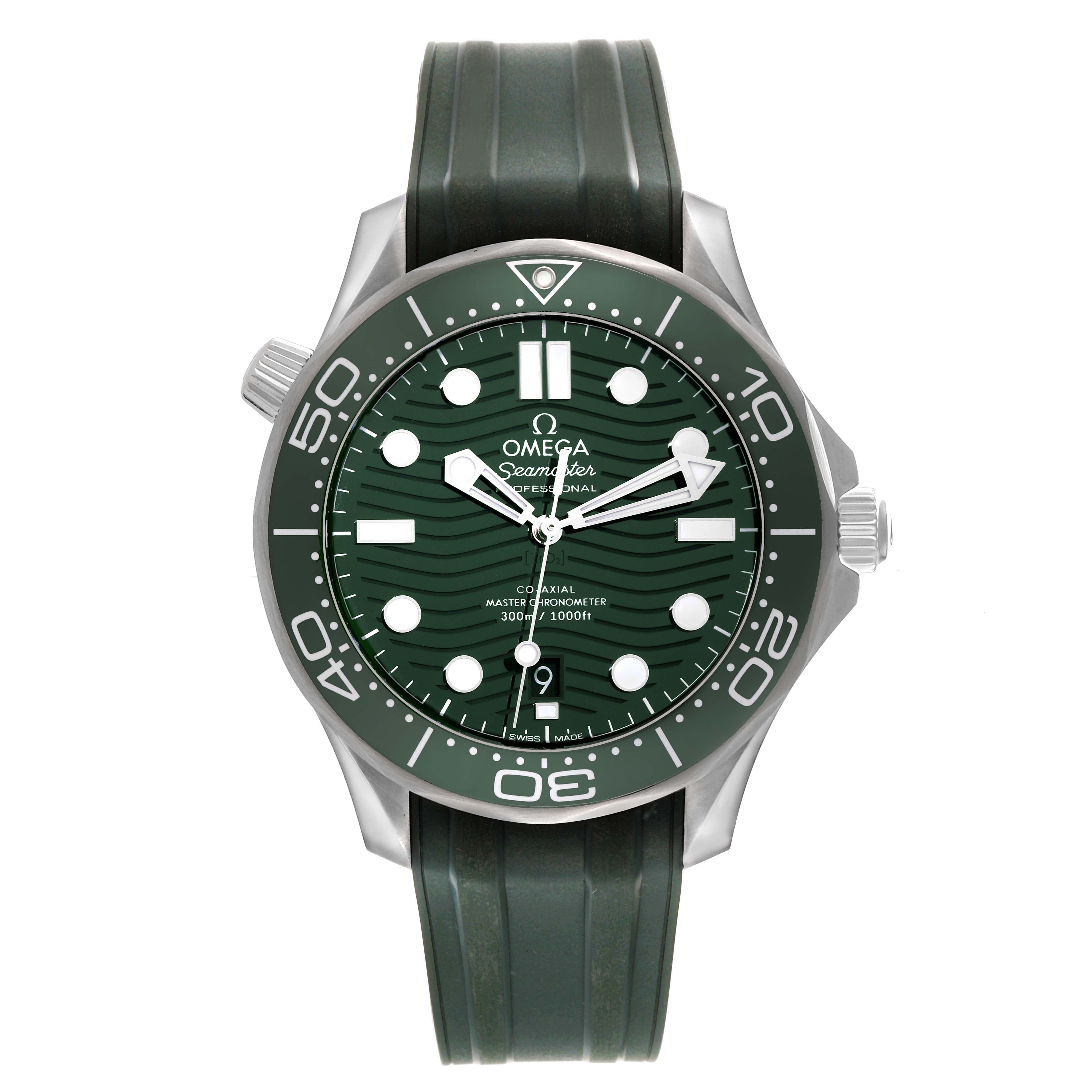 This image shows a frontal view of an Omega Seamaster 210.32.42.20.10.001 Men's Stainless Steel Green Dial 210.32.42.20.10.001 Men's Stainless Steel Green Dial watch with a green dial and green rubber strap.