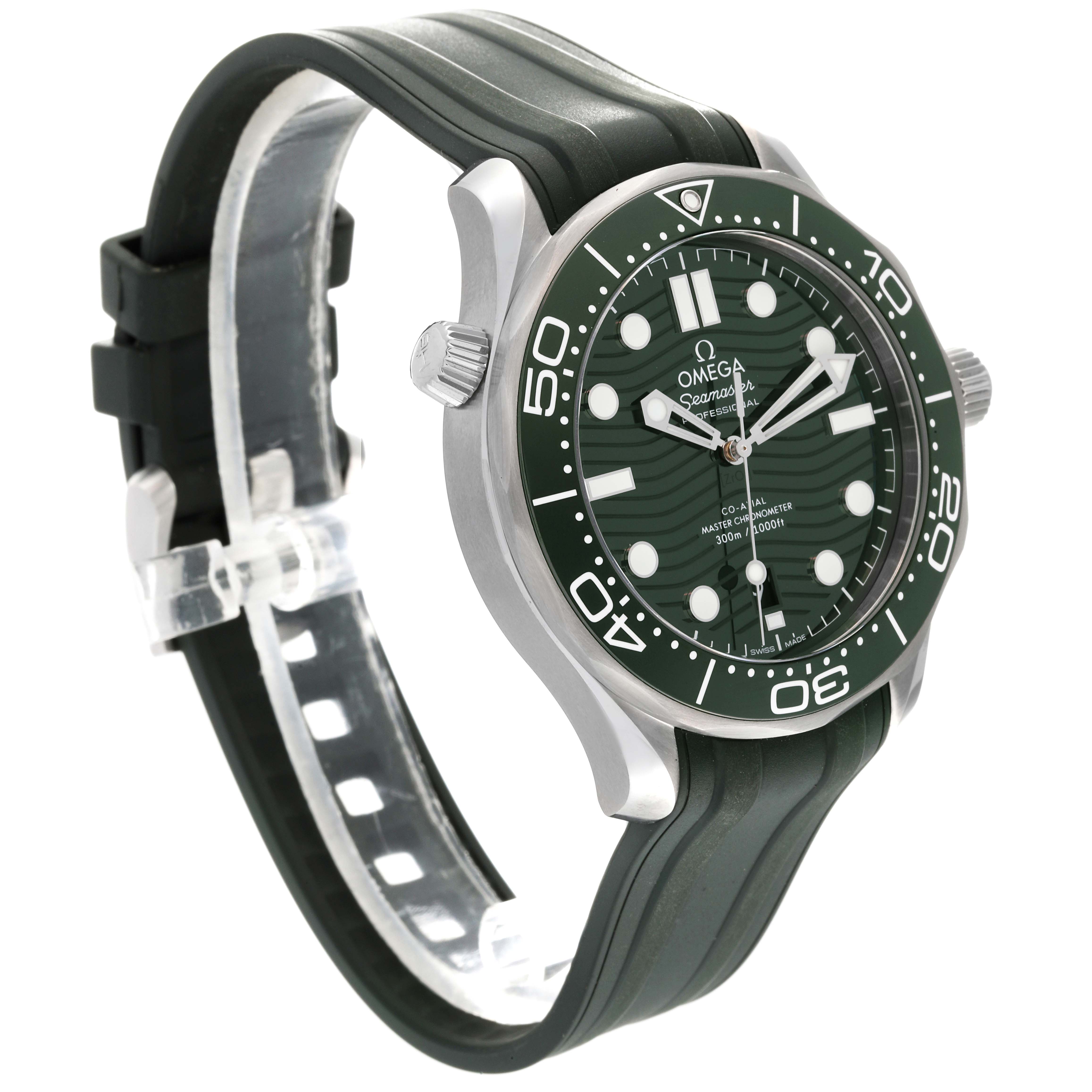 The Omega Seamaster 210.32.42.20.10.001 Men's Stainless Steel Green Dial 210.32.42.20.10.001 Men's Stainless Steel Green Dial model watch is shown at a three-quarter angle, highlighting the dial, bezel, and strap.