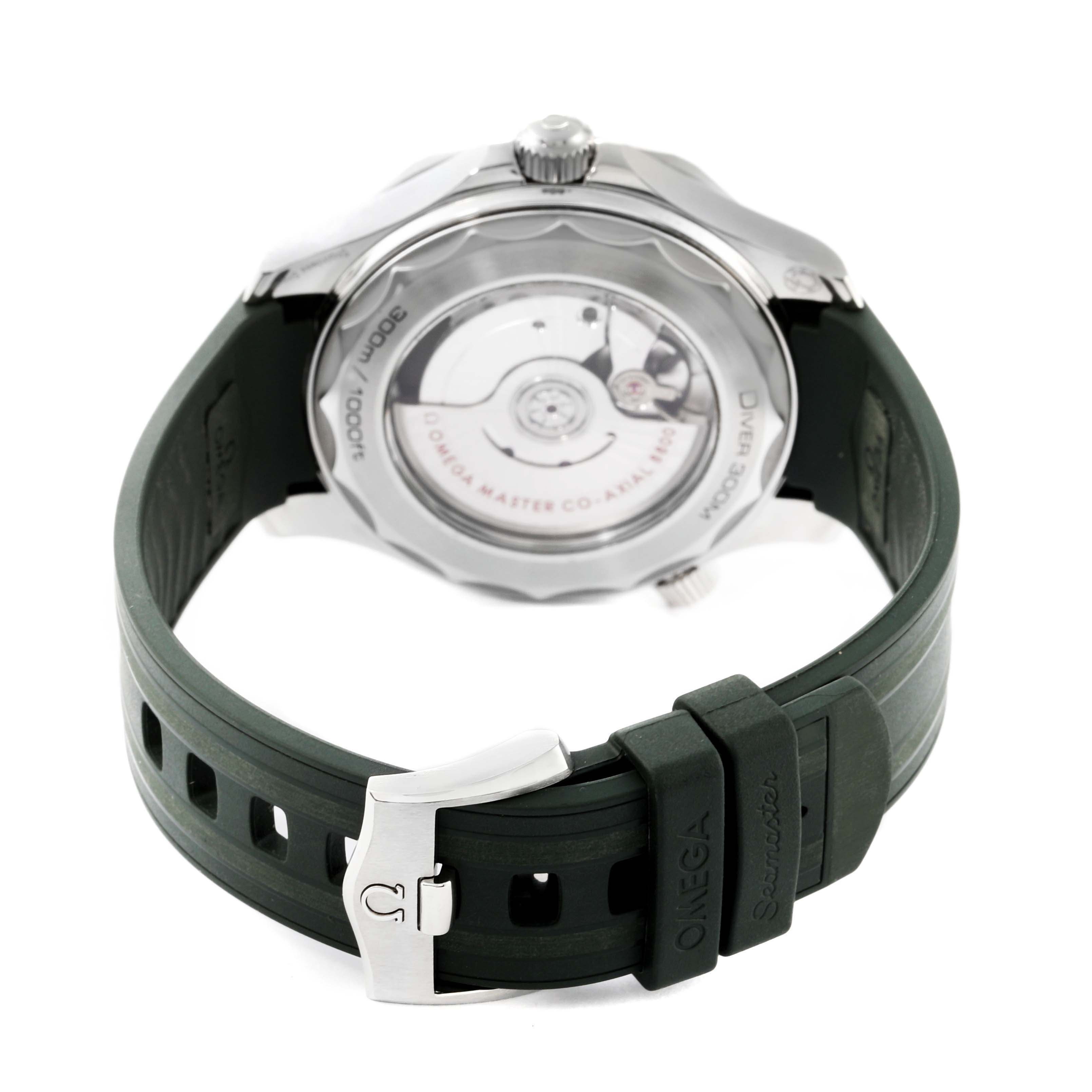 The image shows the back view of an Omega Seamaster 210.32.42.20.10.001 Men's Stainless Steel Green Dial 210.32.42.20.10.001 Men's Stainless Steel Green Dial watch, focusing on its transparent case back and green strap with the buckle visible.