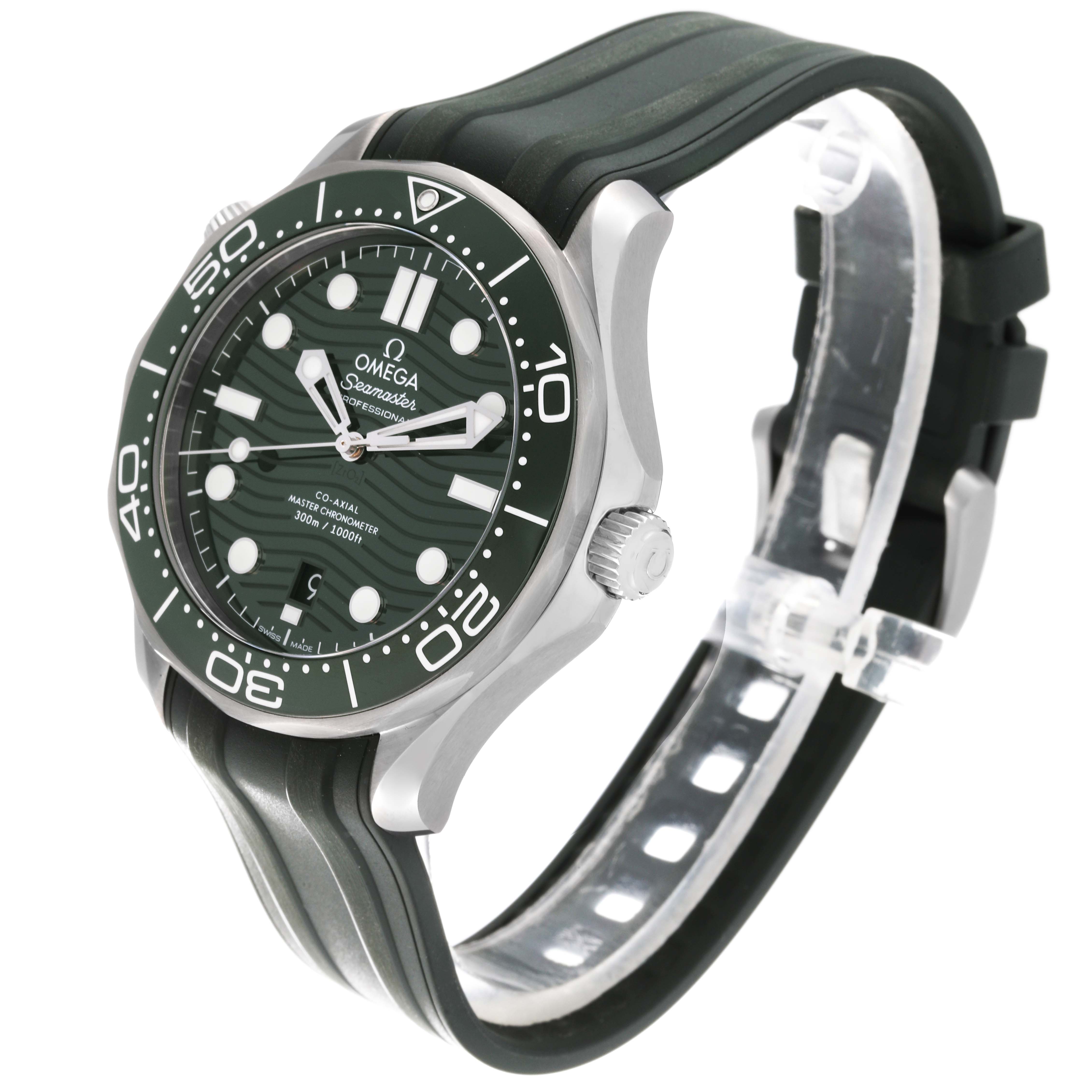 The image shows a side and partially front view of the Omega Seamaster 210.32.42.20.10.001 Men's Stainless Steel Green Dial 210.32.42.20.10.001 Men's Stainless Steel Green Dial watch with a green dial, bezel, and strap.