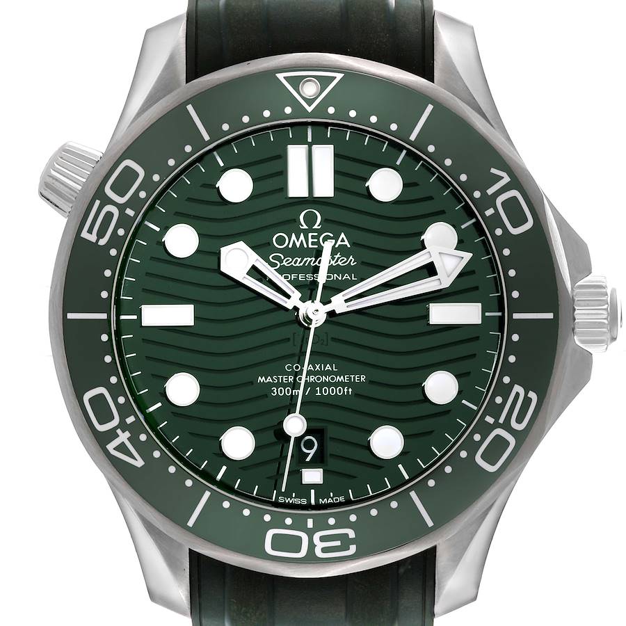The image displays a front view of the Omega Seamaster 210.32.42.20.10.001 Men's Stainless Steel Green Dial 210.32.42.20.10.001 Men's Stainless Steel Green Dial watch, showcasing its green dial and bezel.