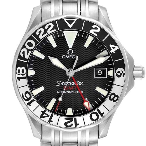 The Omega Seamaster 2534.50.00 Men's Stainless Steel Black Dial watch is shown from a top-down angle, displaying its face, bezel, and part of the bracelet.