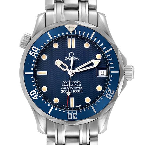 The Omega Seamaster 2551.80.00 Men's Stainless Steel Blue Dial watch is shown from a front angle, highlighting its blue dial, bezel, date window, and stainless steel bracelet.
