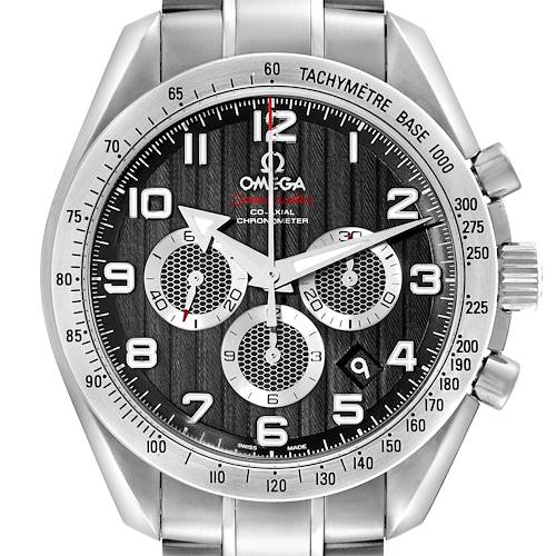 The image shows a front view of the Omega Speedmaster 321.10.44.50.01.001 Men's Stainless Steel Black Dial 321.10.44.50.01.001 Men's Stainless Steel Black Dial watch, displaying its face, bezel, and parts of the bracelet.