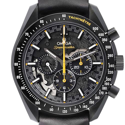 The Omega Speedmaster 311.92.44.30.01.001 Men's Ceramic Black Dial watch is shown from a front angle, highlighting the dial, chronograph sub-dials, and tachymeter bezel.