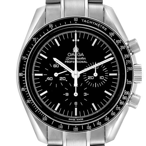 The Omega Speedmaster 3570.50.00 Men's Stainless Steel Black Dial watch is shown from a frontal angle, displaying the face, bezel, and part of the bracelet.