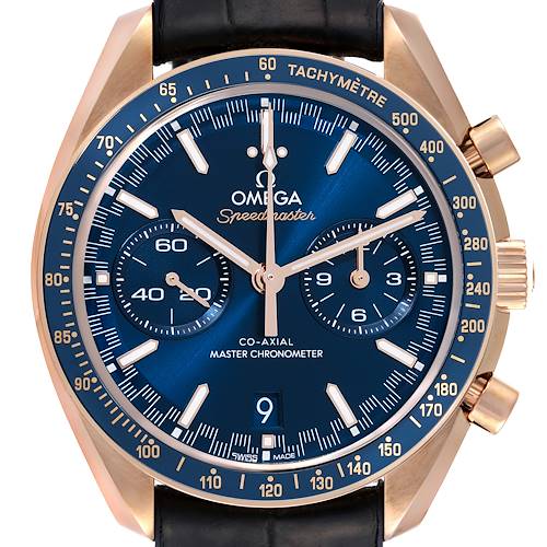 The image shows a front view of an Omega Speedmaster 329.53.44.51.03.001 Men's Rose Gold Blue Dial 329.53.44.51.03.001 Men's Rose Gold Blue Dial watch featuring its dial, hour markers, subdials, and tachymeter bezel.