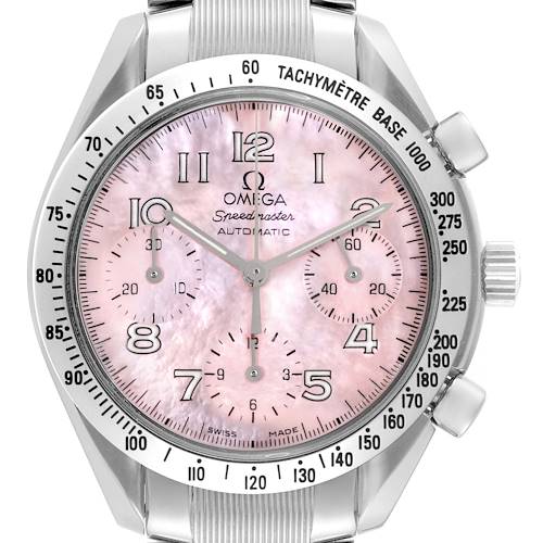 The Omega Speedmaster 3502.78.00 Men's Stainless Steel Mother of Pearl Dial 3502.78.00 Men's Stainless Steel Mother of Pearl Dial watch is shown from a front angle highlighting the dial, bezel, and chronograph sub-dials.